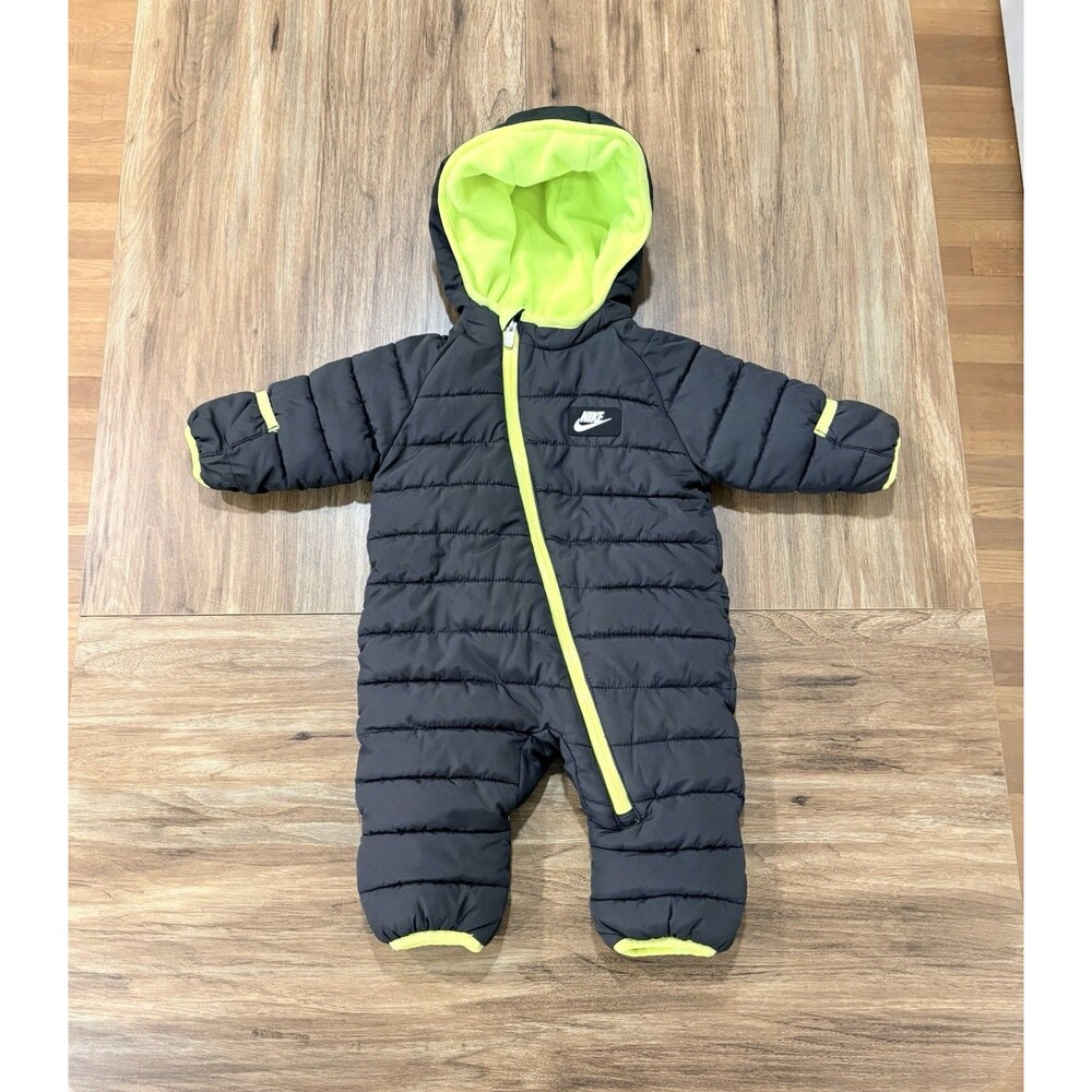 Nike Black Neon Volt Green Lined Puffer Hooded Winter Bunting Snowsuit 6-9 Mths